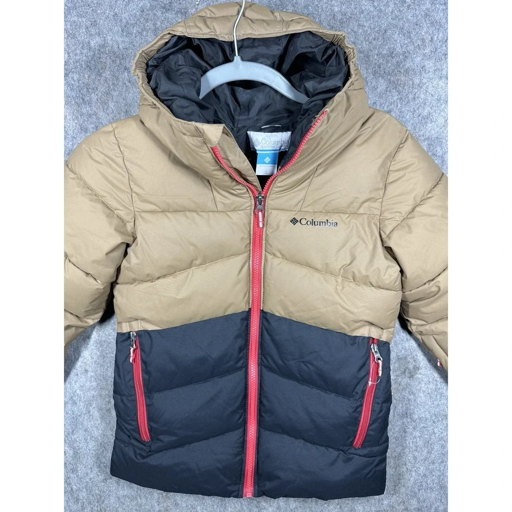 Columbia Boys Arctic Blast Jacket Youth Small 8 Tan Black Hooded Puffer Ski